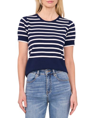 Cece Stripe Short Sleeve Cotton Sweater - Blue