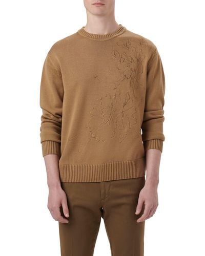 Bugatchi Embroidered Merino Wool Crewneck Sweater - Brown