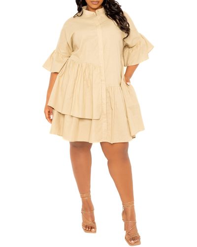 Buxom Couture Flutter Sleeve Cotton & Linen Shift Dress - Natural