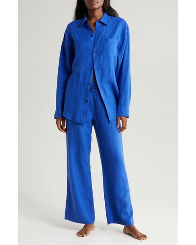 Desmond & Dempsey Long Sleeve Linen Pajamas - Blue