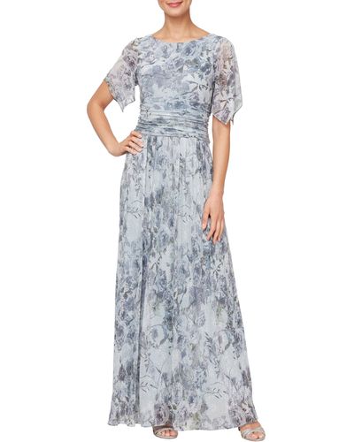 Sl Fashions Floral Print Metallic Ruched Gown - Gray