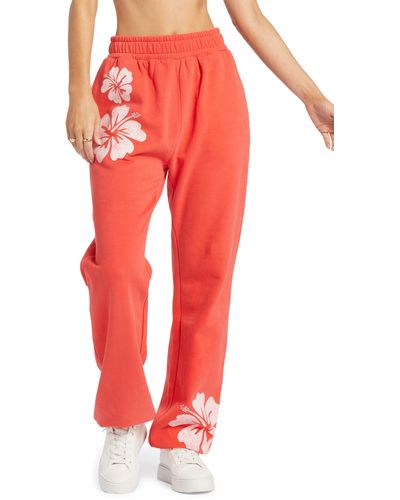 Roxy Day Off Floral Print Fleece Sweatpants - Red