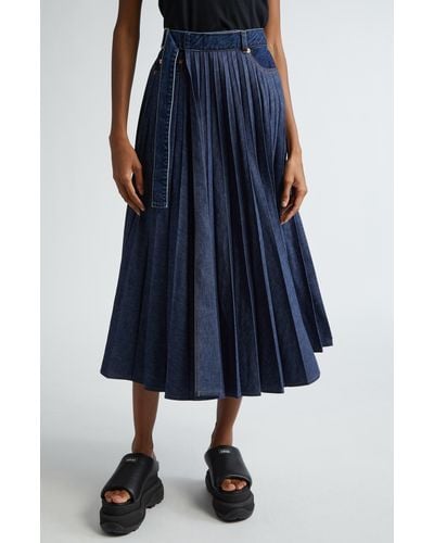 Sacai Belted Pleated Denim Midi Skirt - Blue