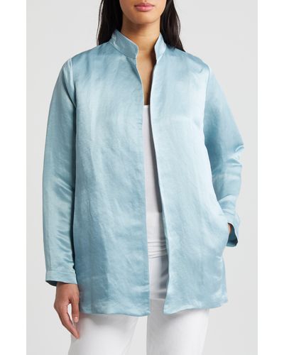 Eileen Fisher Stand Collar Organic Linen & Silk Jacket - Blue