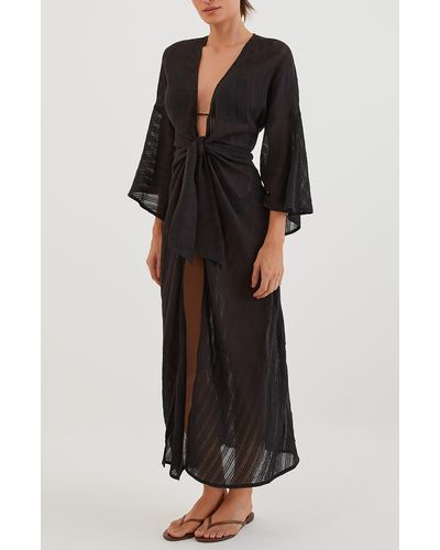 ViX Perola Knot Long Sleeve Cotton Cover-up Dress - Black