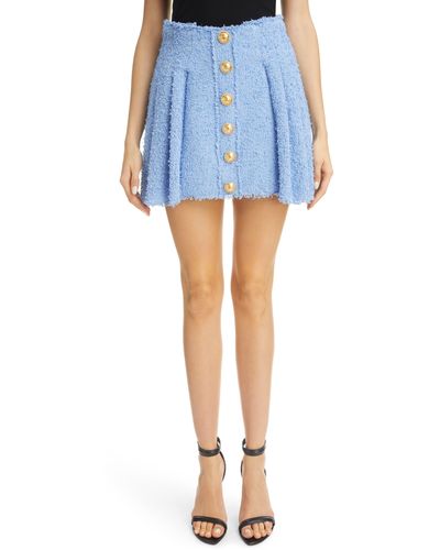 Balmain Crested Button Tweed Skater Skirt - Blue