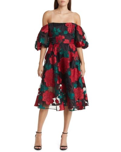 Marchesa Floral Puff Sleeve Off The Shoulder Dress - Red