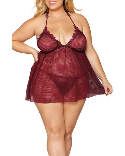 Dreamgirl Lace Trim Mesh Babydoll Chemise & G-string Thong - Red