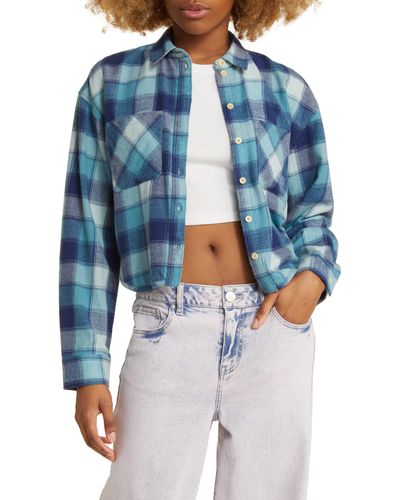 BP. Plaid Crop Flannel Button-up Shirt - Blue