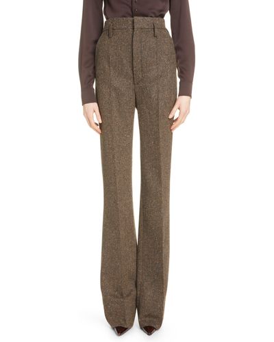 Saint Laurent High Waist Wool Herringbone Pants - Natural