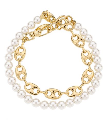 Ettika Imitation Pearl & Mariner Link Wrap Bracelet - Metallic