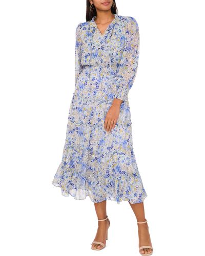 Chaus Floral Print Metallic Smocked Long Sleeve Maxi Dress - Blue