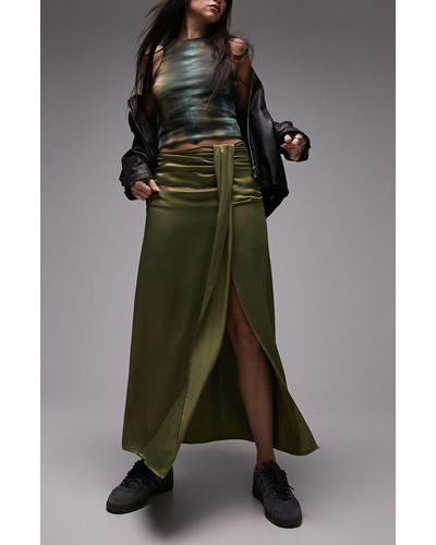 TOPSHOP Ruched Front Vent Satin Maxi Skirt - Green