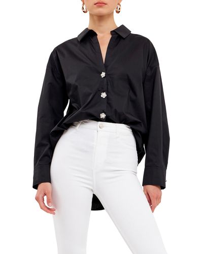 English Factory Imitation Pearl Button-up Cotton Shirt - Black