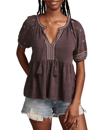 Lucky Brand Easy Embroidered Cotton Babydoll Top - Brown