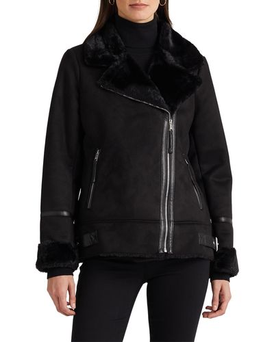 Lauren by Ralph Lauren Faux Shearling & Faux Leather Moto Jacket - Black