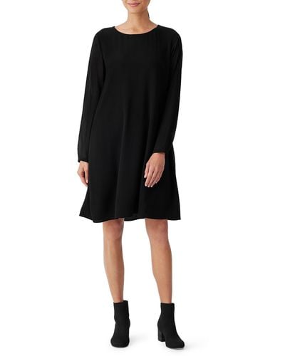 Eileen Fisher Sheer Long Sleeve Silk Georgette Dress - Black
