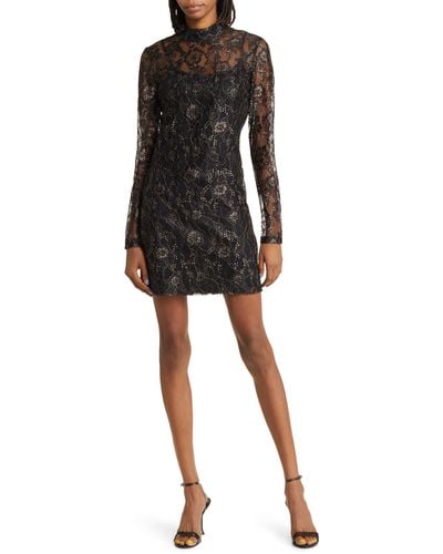Charles Henry Floral Lace Long Sleeve Minidress - Black