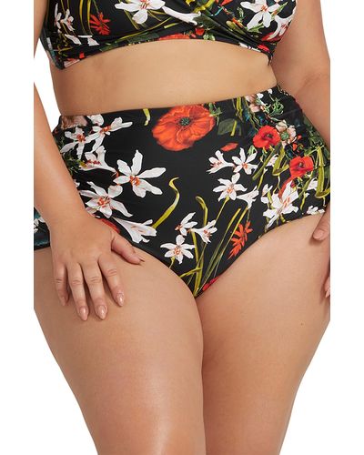 Artesands Raphael Ruched Floral High Waist Bikini Bottoms - Black