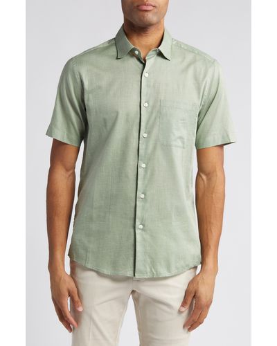 Scott Barber Heathered Chambray Short Sleeve Button-up Shirt - Green