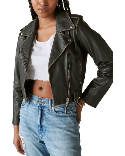Lucky Brand Distressed Crop Leather Moto Jacket - Black