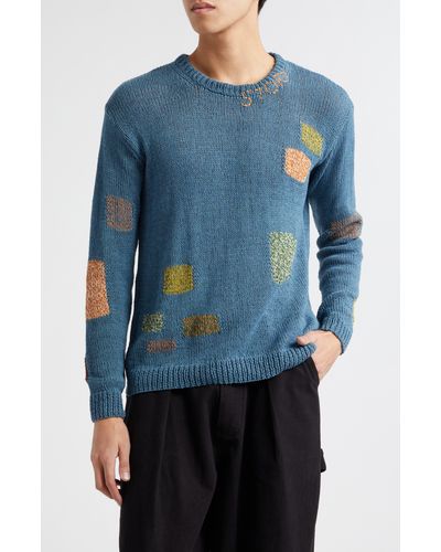 STORY mfg. Spinning Embroidered Patchwork Organic Cotton Crewneck Sweater - Blue