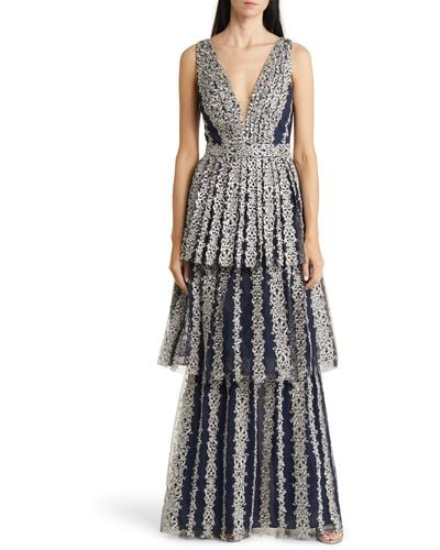 Marchesa Metallic Embroidery Tiered Gown - Blue