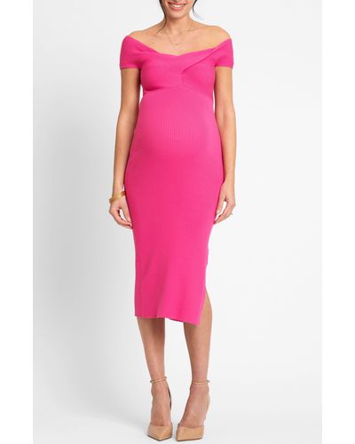 Seraphine Rib Knot Detail Off The Shoulder Midi Maternity Dress - Pink