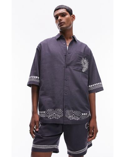 TOPMAN Embroidered Cotton & Linen Button-up Shirt - Blue