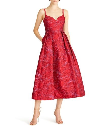 ML Monique Lhuillier Isabela Metallic Floral Jacquard Midi Cocktail Dress - Red