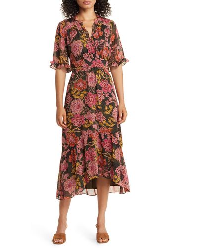 Maggy London Floral Ruffle Faux Wrap Midi Dress - Red