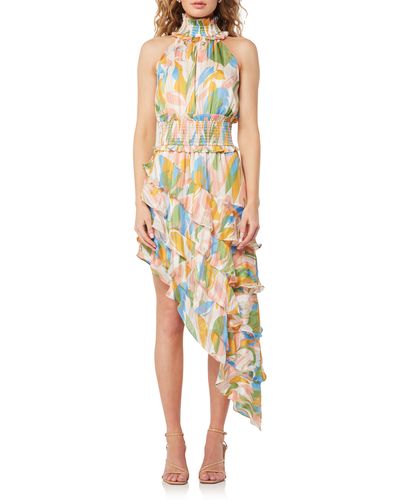 Elliatt Charlatan Metallic Stripe Floral Asymmetric Dress - Multicolor