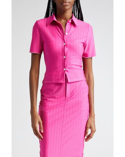 Sammy B Stripe Short Sleeve Crop Button-up Shirt - Pink