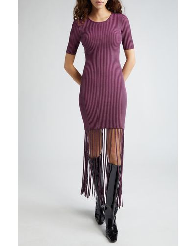 Ganni Melange Rib Fringe Detail Knit Dress - Purple
