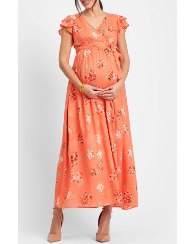 Seraphine Flutter Sleeve Faux Wrap Maternity Dress - Orange