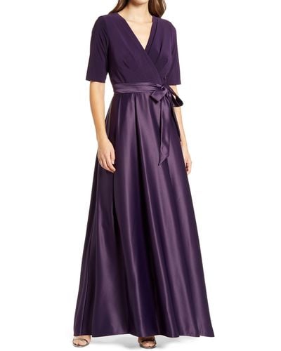 Alex Evenings Surplice Neckline Satin Formal Dress - Purple