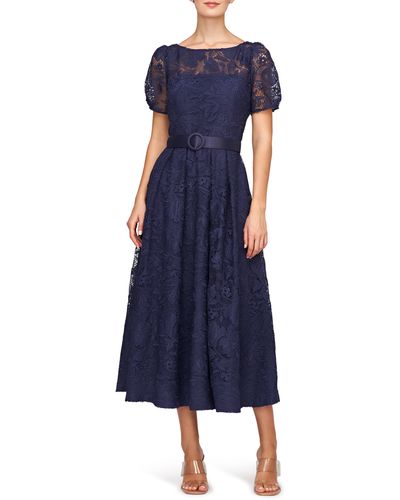 Kay Unger Haisley Belted Lace Cocktail Dress - Blue