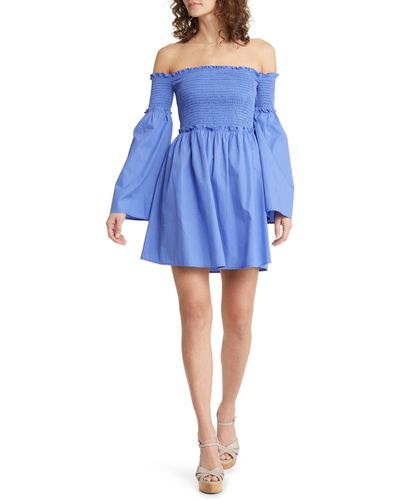 French Connection Rhodes Off The Shoulder Long Sleeve Cotton Poplin Dress - Blue
