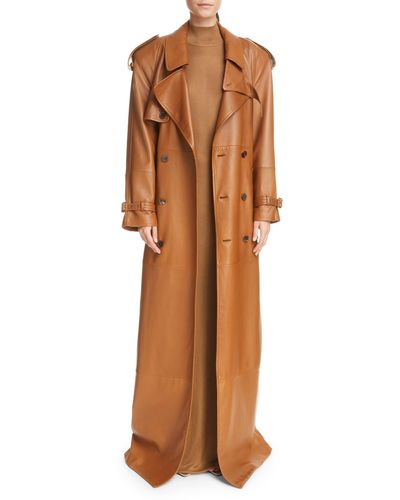 Saint Laurent Classic Plunge Long Leather Trench Coat - Brown