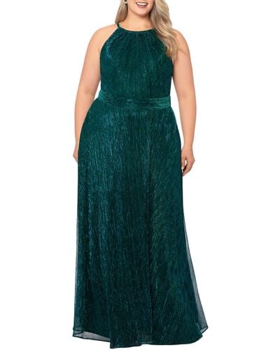 Betsy & Adam Metallic Crinkle A-line Gown - Green