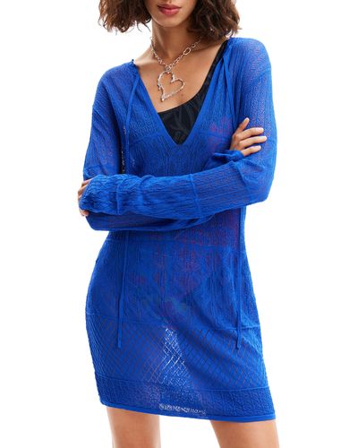 Desigual El Cairo Long Sleeve Pointelle Cover-up Sweater Dress - Blue
