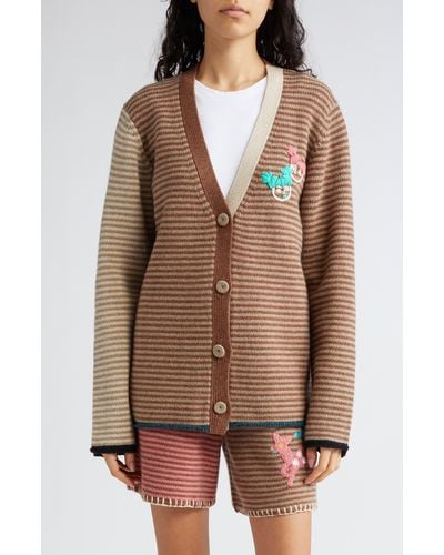 YANYAN Embroirdered Colorblock Stripe Wool V-neck Cardigan - Brown