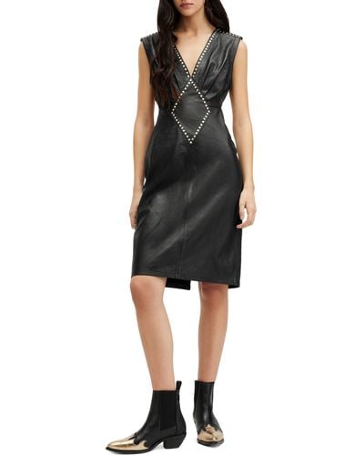 AllSaints Syla Stud Detail Open Back Leather Dress - Black