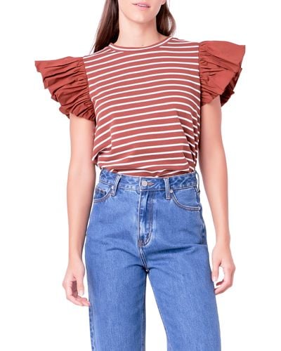 English Factory Mixed Media Stripe Ruffle Sleeve Top - Red