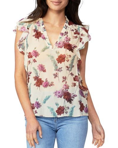 PAIGE Genie Floral Print Ruffle Silk Top - Red