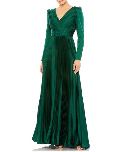 Mac Duggal Long Sleeve Pleated Chiffon A-line Gown - Green