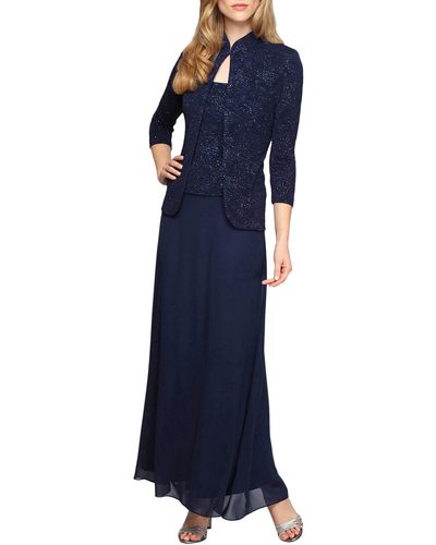 Alex Evenings Two-piece Jacquard Gown With Jacket - Blue