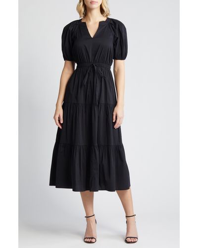 Anne Klein Tiered Puff Sleeve Midi Dress - Black