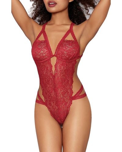 Dreamgirl Strappy Open Gusset Galloon Lace Teddy - Red