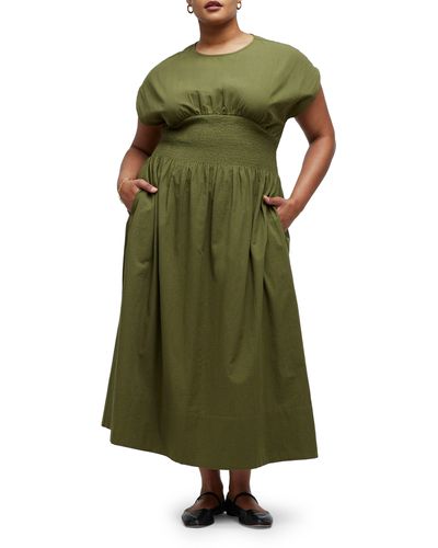 Madewell Stripe Smocked Waist Seersucker Midi Dress - Green